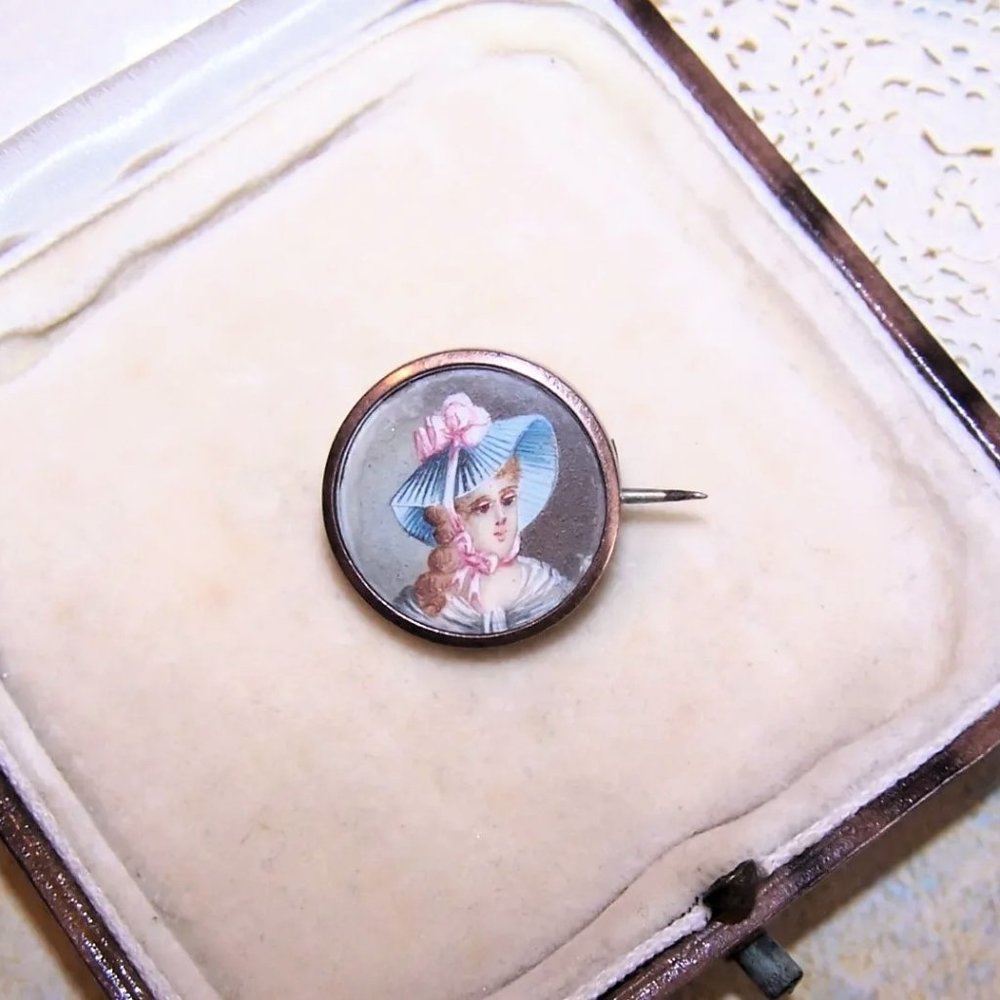 Antique Edwardian Gold Filled Handpainted Portrait Miniature Pin Brooch